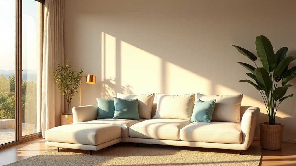 Bright modern vacation rental living room bathed in warm sunlight